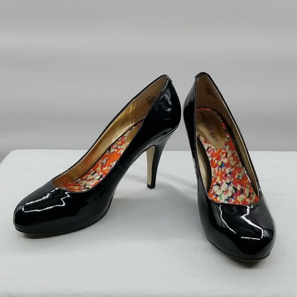 Madden Girl Vegan Black Patent Leather Heels, 8.5